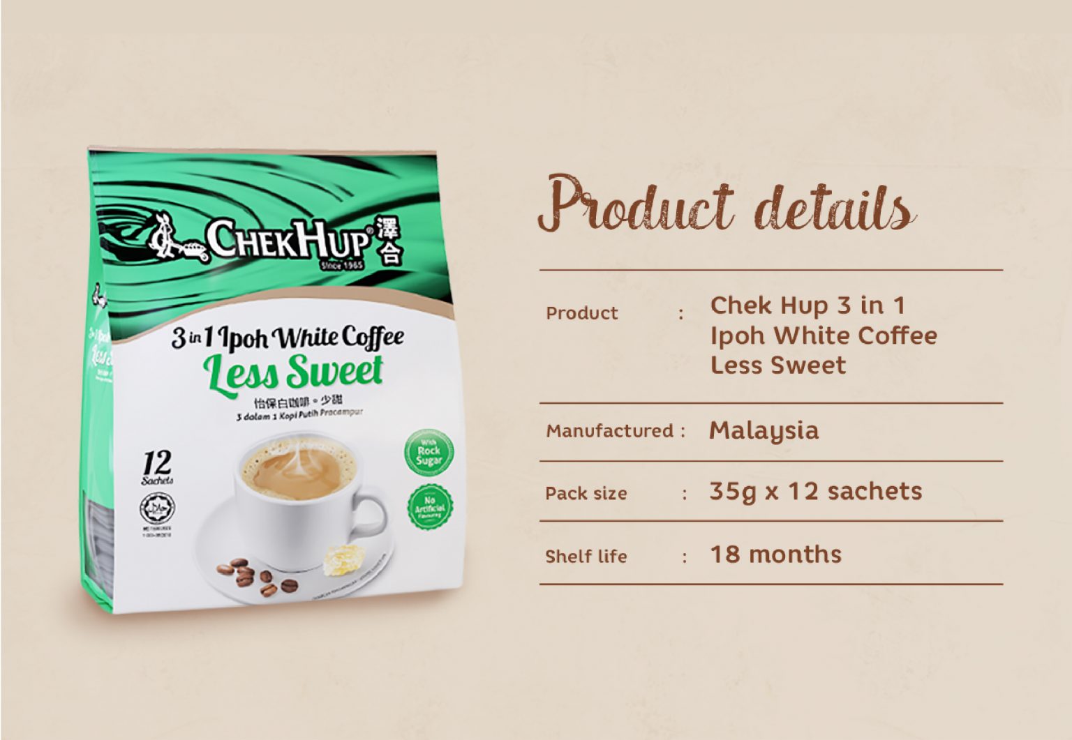 Chek Hup 3 in 1 Ipoh White Coffee (Less Sweet) (35g x 12 sachets)